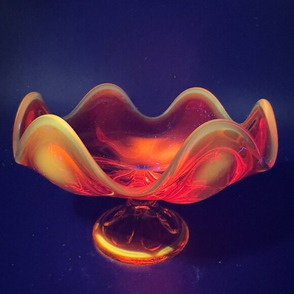 Viking Epic 6 Petal Pedestal Bowl Compote Cadmium UV Glowing Glass Bowl Dish VTG - Picture 1 of 16